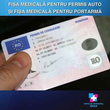 Fisele medicale pentru permisul de conducere si pentru portarma sunt disponibile la spitalul din Brad la un pret foarte avantajos Serviciu autorizat conform legislatiei actuale